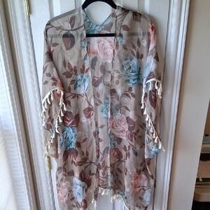Floral Tassel Kimono Duster Jacket - Beige with Blue & Pink Roses